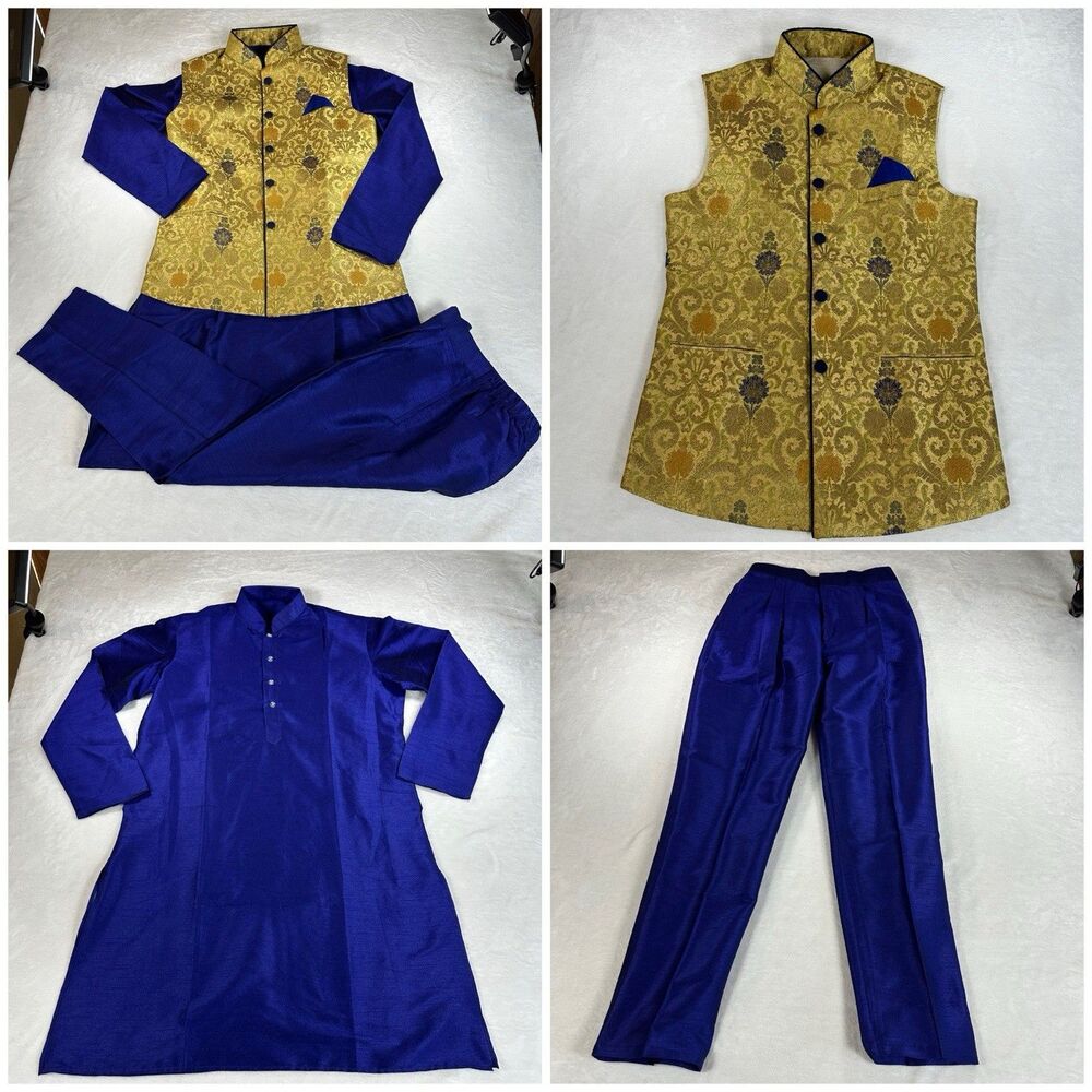 Mens Sherwani Kurta Pajama Set Blue Gold Brocade Vest Wedding Outfit‎ Medium